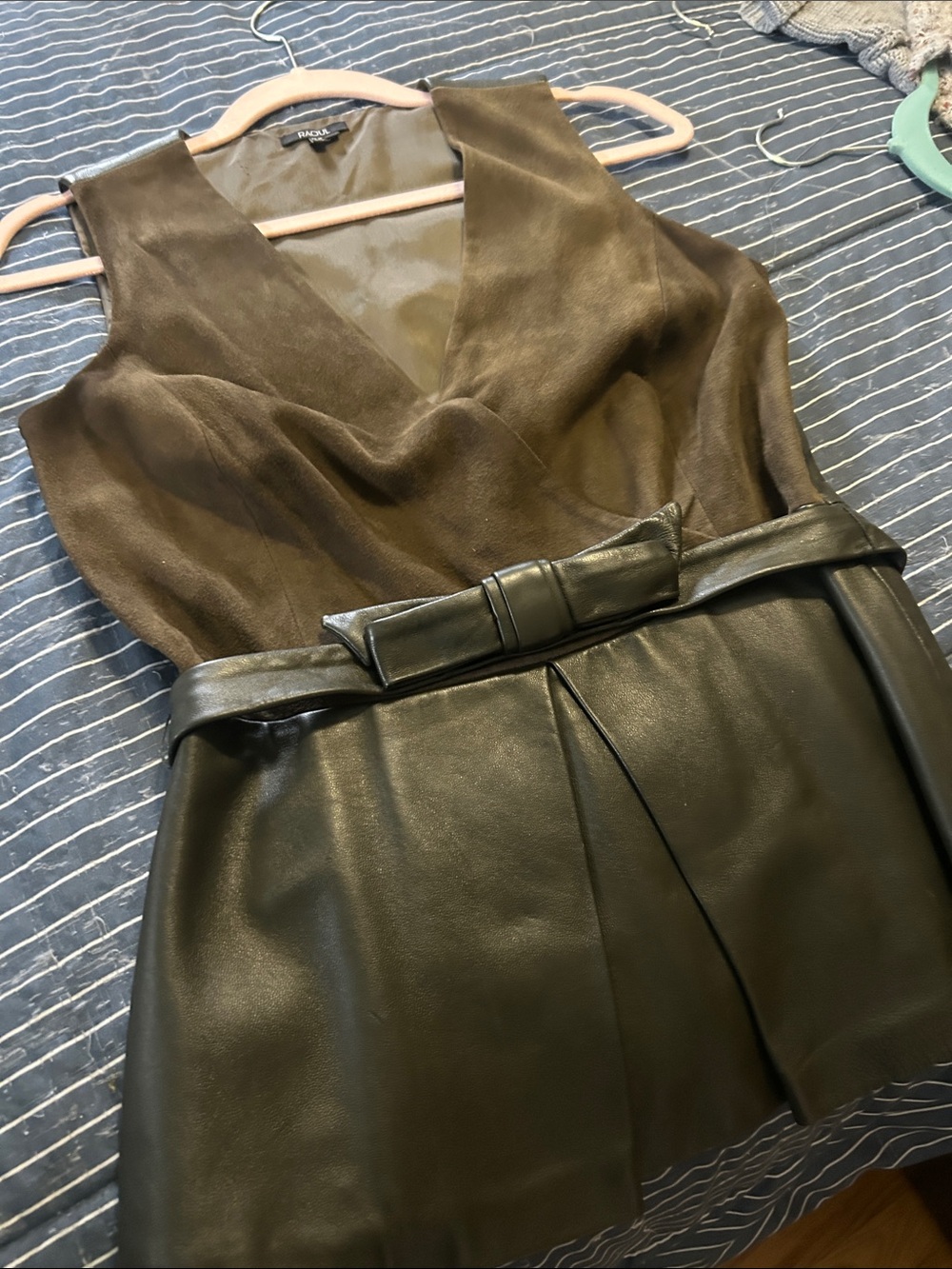 Buttery soft Leather & Suede Two-Tone Sleeveless Top - Olive/Brown